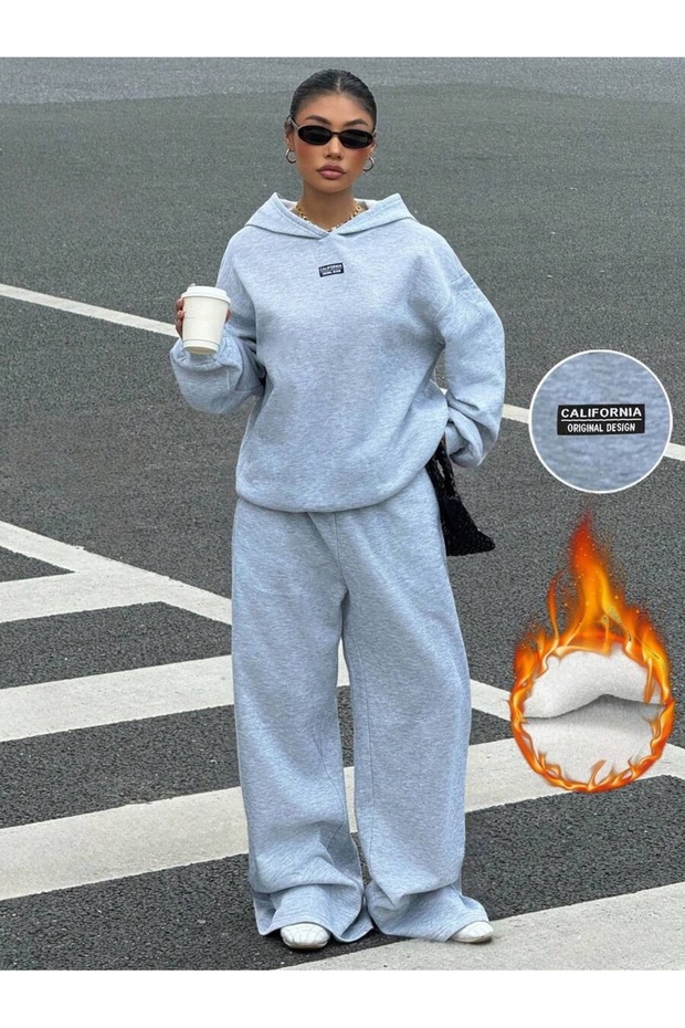 Unisex Gray California Printed Hooded Baggy Tracksuit Set Printed Premium Oversize T-Shirt