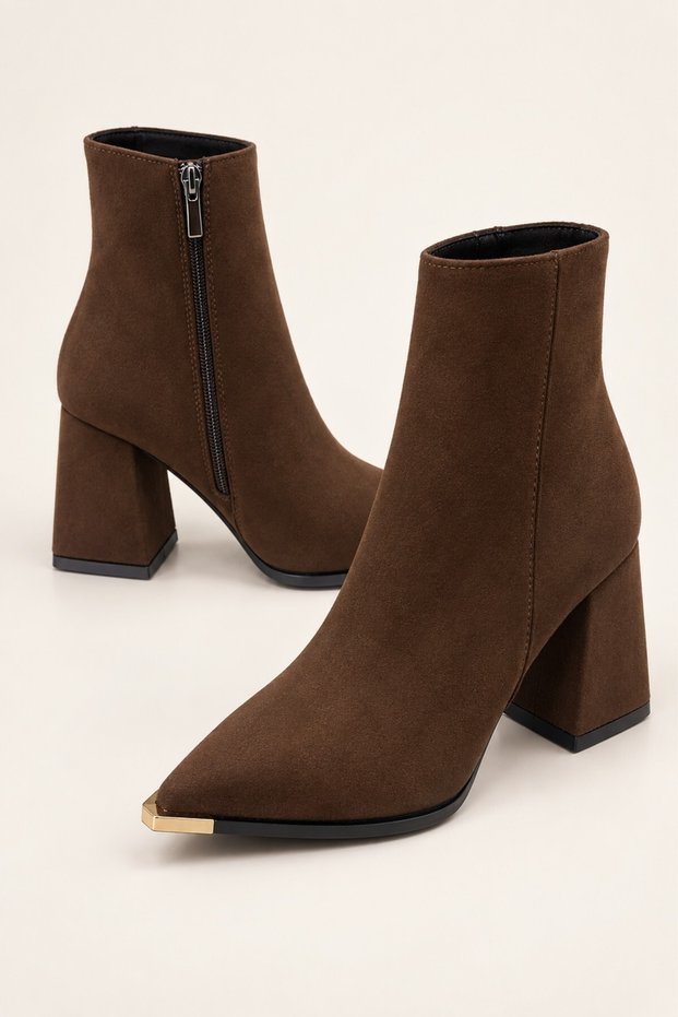 Westra Metal Toe Detailed Zippered Pointed Toe Thick Heeled Women's Boots