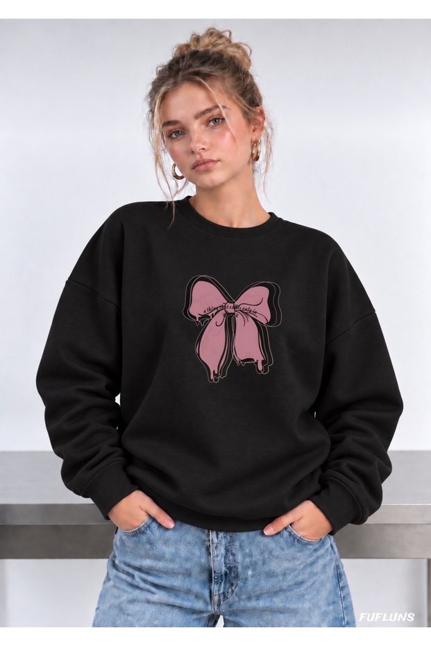 Yazi Ribbon Printed Oversize Women's Crewneck Sweatshirt