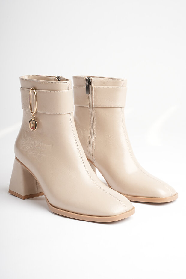 Women's Beige 7cm Thick Heeled Boots & Booties with Gold Accessories and Zipper