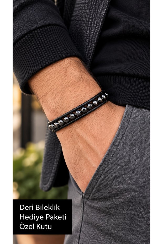 Mireldan Graphiteglint Black Leather Men's Bracelet - Faceted Anthracite Beaded