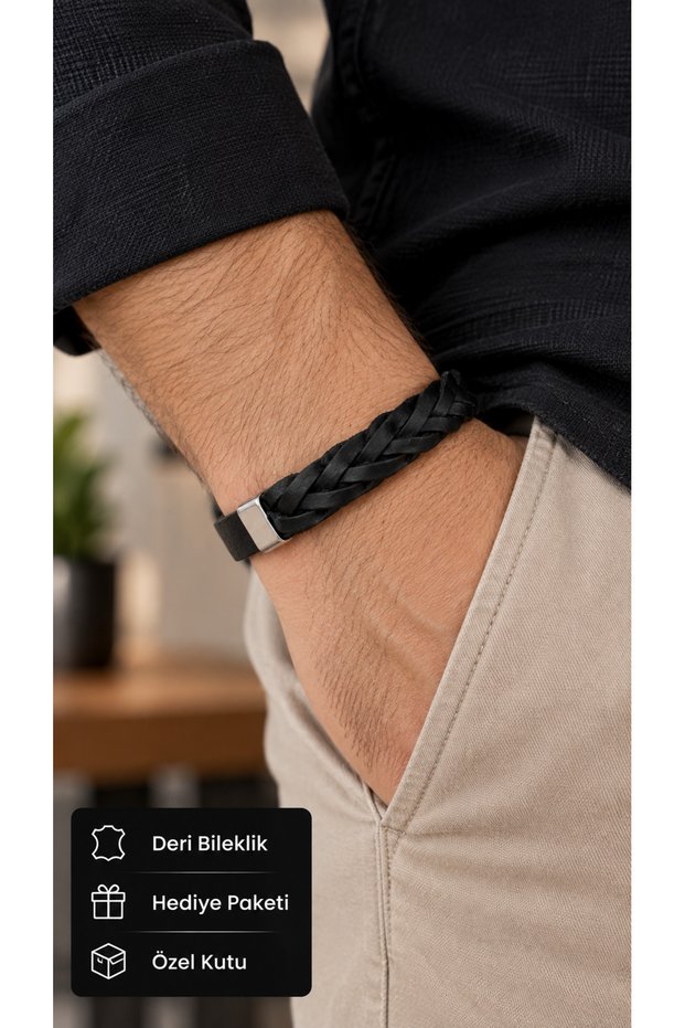 Selkador Darkplait Black Leather Men's Bracelet - Wide Embossed Weave and Band