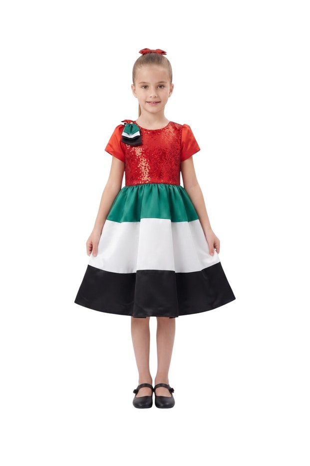 National Day Shimmer Bodice Tricolor Satin Party Dress