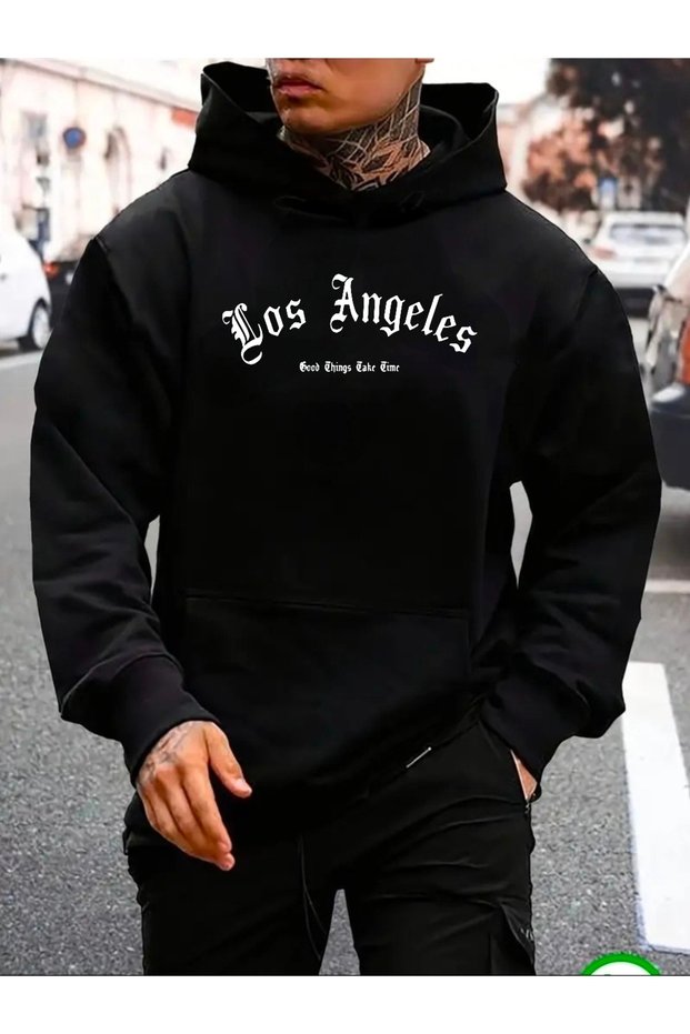 Men's Los Angeles Print Design Trendy Oversize Hooded Sweatshirt Relaxed Fit Casual Sports
