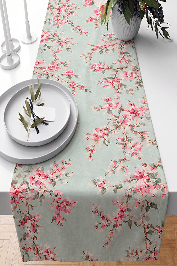 Cherry Blossom and Branch Patterned Pastel Spring Themed Digital Printed Decorative Dining Table Runner 40X14