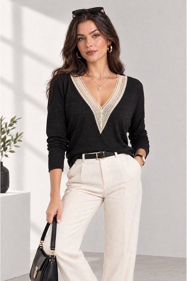 Women's Long Batwing Sleeve V-Neck Lace Detail Stylish Blouse