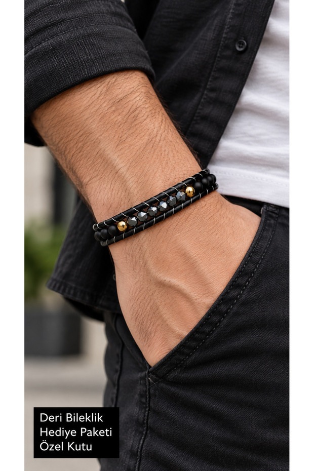 Torvenis Bronzemark Black Leather Men's Bracelet - Metallic Beads and Bronze Detail