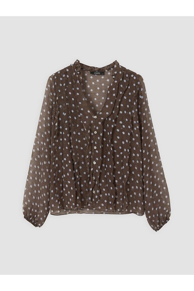 Brown Polka Dot Chiffon Women's Shirt