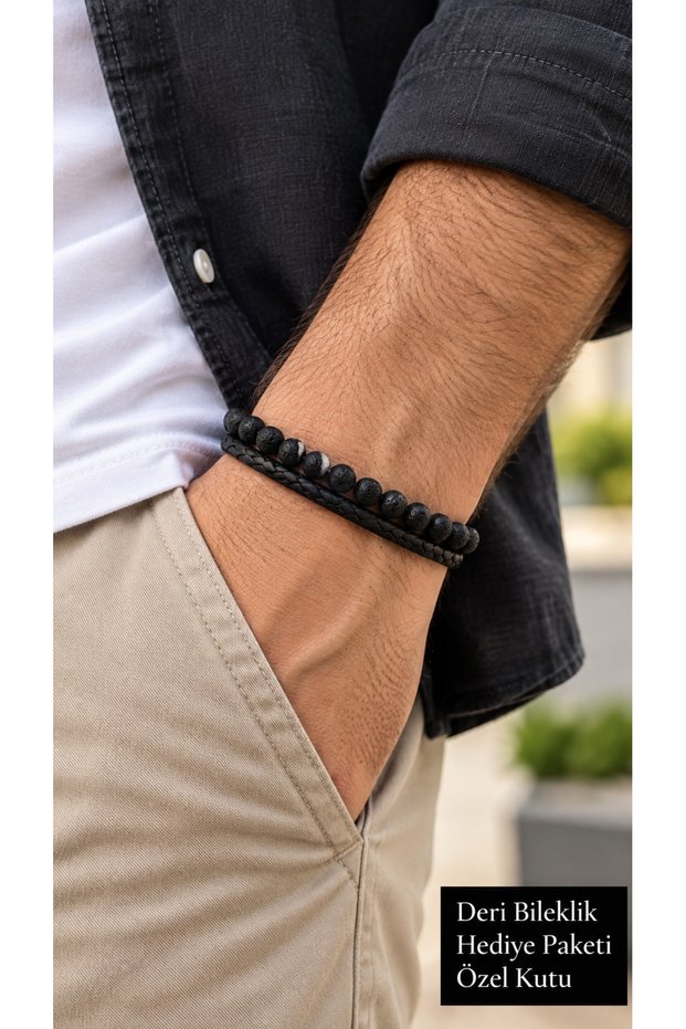 Pelvoria Porousline Black Leather Men's Bracelet - Porous Matte Beaded Model