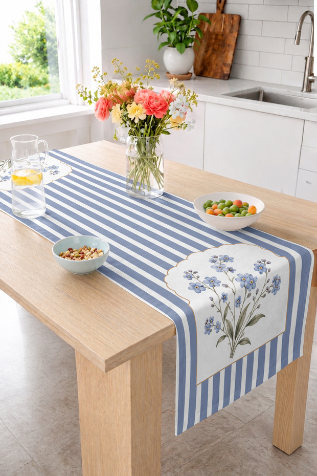 Flower Bouquet and Blue White Stripes Classic Patterned Decorative Dining Table Digital Printed Runner 40X1