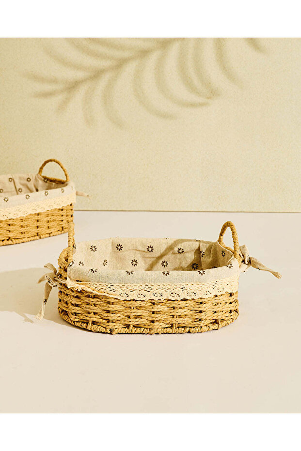 Beige Oval Basket With Fabric Cloth (Small)