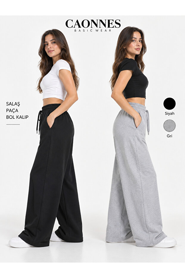 Winter Women's 2-Piece Sweatpants (Black-Grey) Oversize Comfortable Fit Wide Leg Washable Anti-Pilling