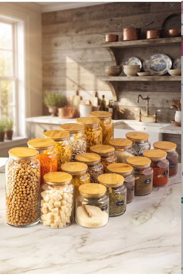 Bamboo Lid, Vacuum Sealed, 18 Piece Glass Jar and Dowry Set 1300-800-500 ml