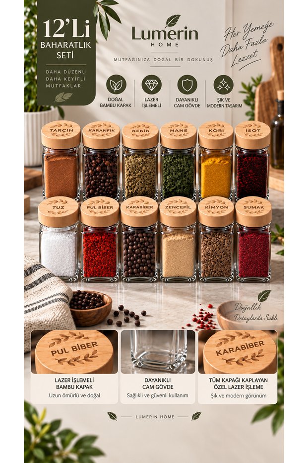 12-Piece Glass Spice Jar Set with Bamboo Lids 120 ml Laser Engraved Spice Jar Spice Storage Container Kitchen Organizer