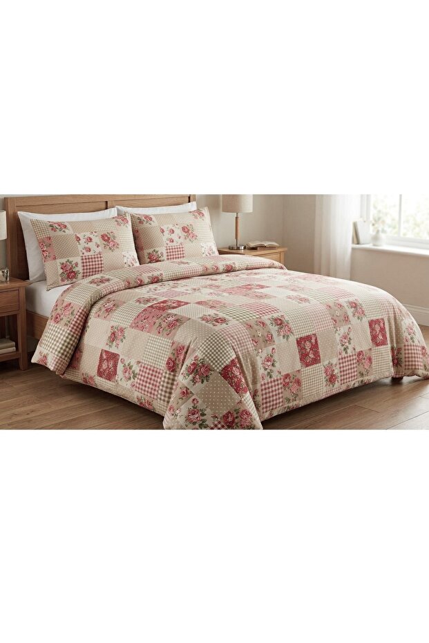 Makiteks Double Size 200X220 100% Cotton Patchwork Rose Patterned Duvet Cover Set - Country Style Patchwork Model