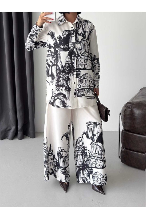 Women's Ecru Chokella Fabric Charcoal Printed Shirt and Trousers Two-Piece Set Jen26131