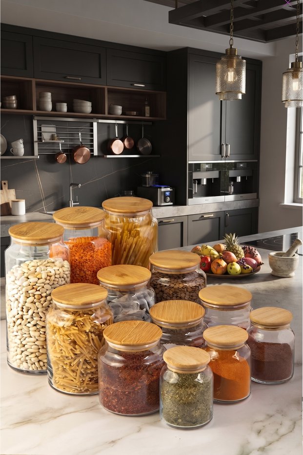 Set of 12 Vacuum-Sealed Glass Legume Storage Jars with Bamboo Lids