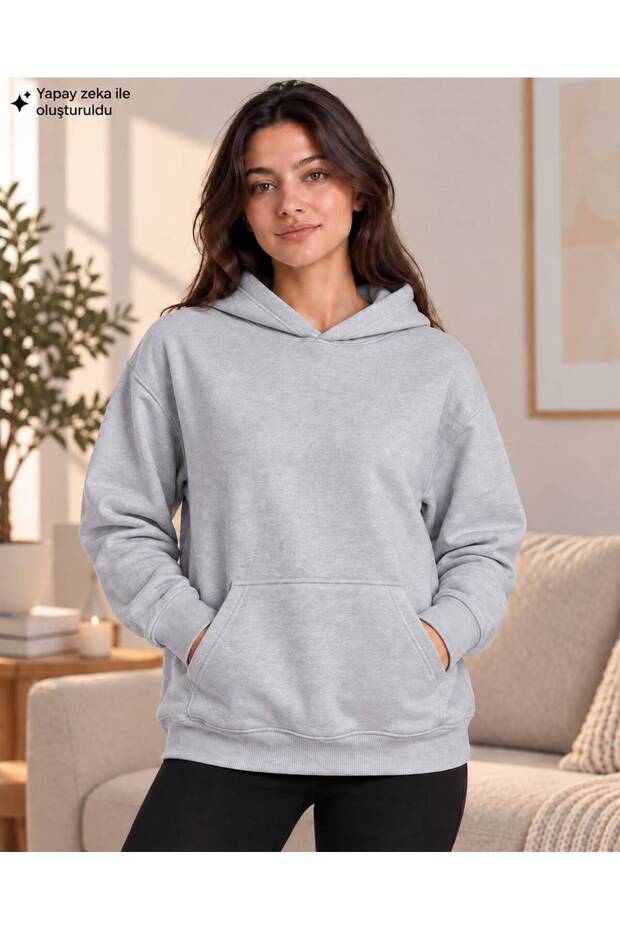 Women's Hooded Oversize Sweatshirt - Plain Basic Cotton Sweatshirt with Kangaroo Pocket