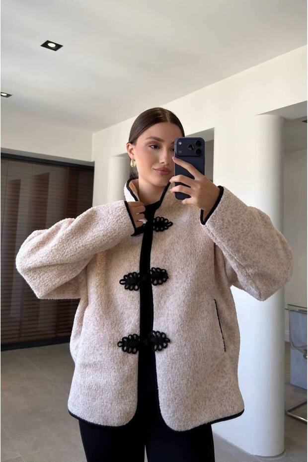 Black Piping Detailed Button Closure Teddy Coat