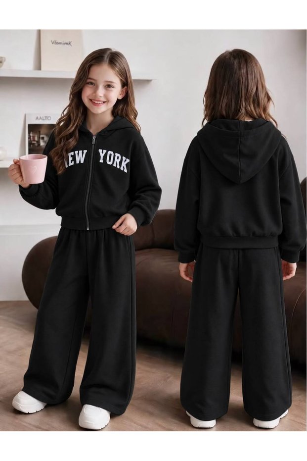 Girl's Black Hooded Zippered New York Printed Sweatshirt - Loose Fit Black Sweatpants Set