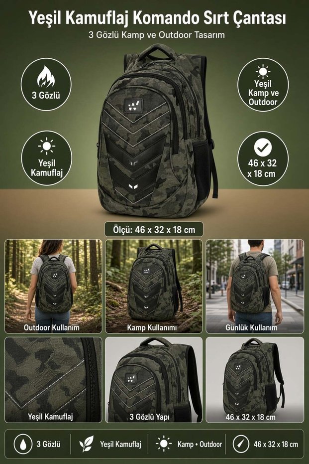 Commando Backpack Green Camouflage 3 Compartments Camping and Outdoor 46X32X18 cm
