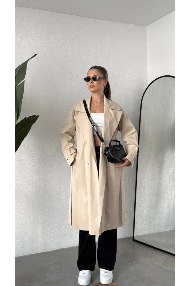 Women's Cream Belted Double-Breasted Trench Coat Long Sleeve Double Row Buttoned Lined Belted Trench Coat Jacket