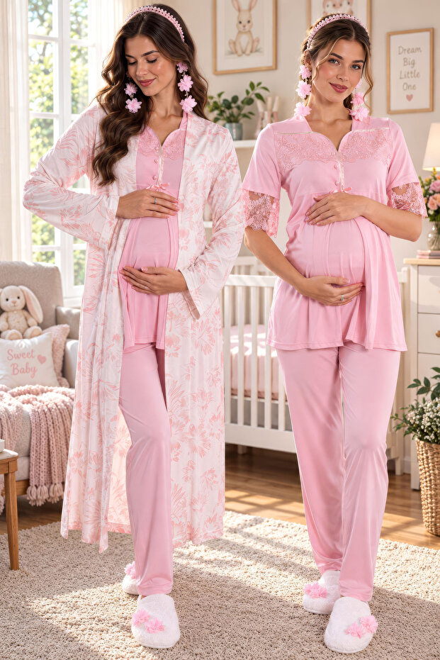 Patterned Short Sleeve Dressing Gown Maternity Nursing Pajama Set Effortt - Powder