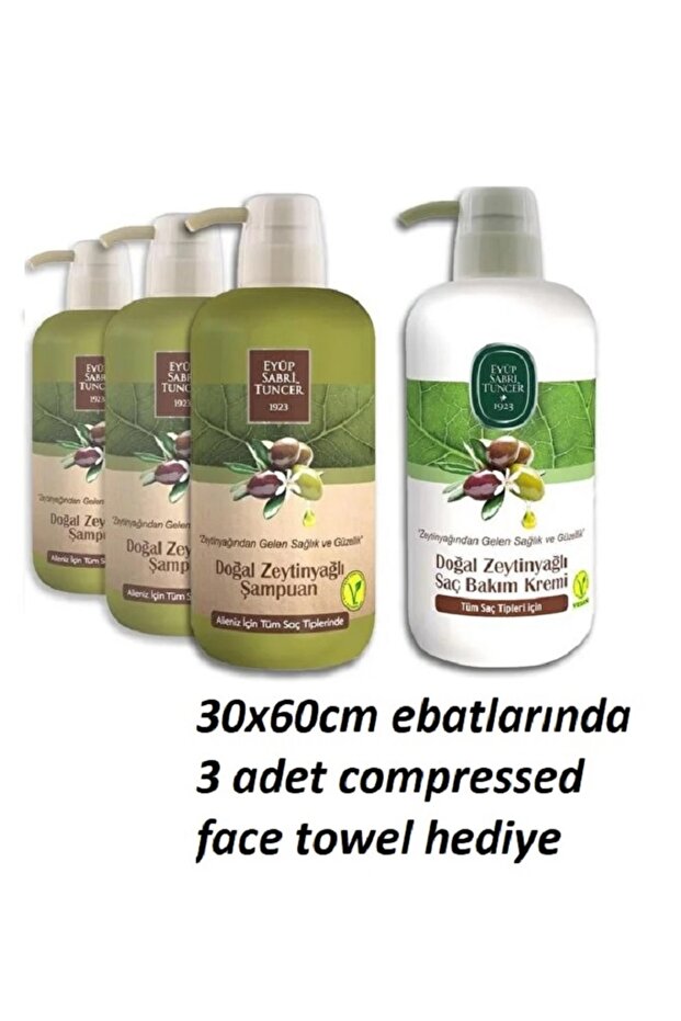 3 Pcs 600 ml Natural Olive Oil Shampoo, 600 ml Natural Olive Oil Conditioner, 3 Pcs Compressed Face Towel as a Gift