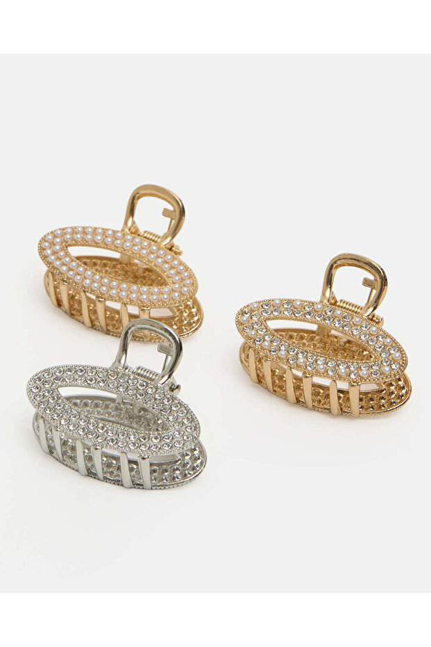Women Gold And Silver 3-Piece Embellished Hair Clip Set