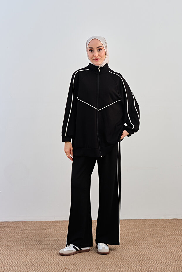 Women's Stripe Detail Elastic Waist Zipper Suit Black