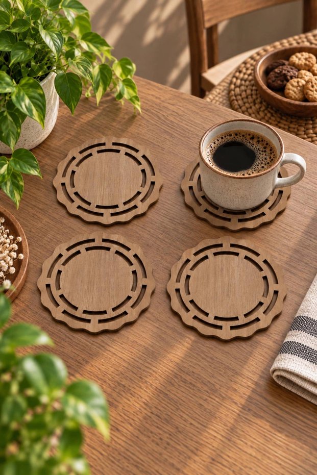 Set of 4 Wooden Coasters Decorative Tea Coffee Mug Coasters