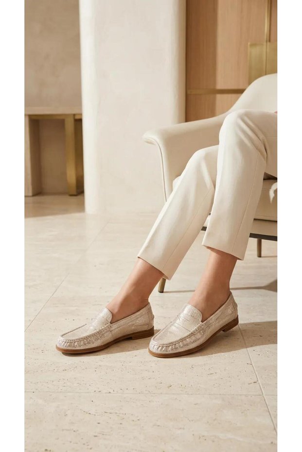 7365 Cream Genuine Leather Loafer Shoes