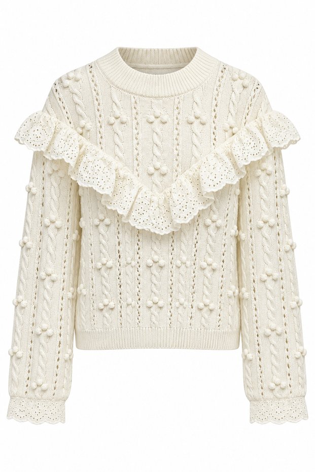 Ecru Scallop Ruffle Detailed Knitwear Sweater