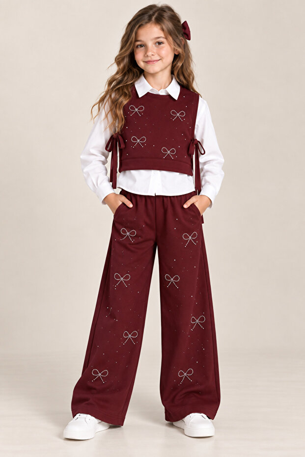 Girl's 3-Piece Set - Shirt, Sweater, and Stoned Wide-Leg Pants with Pockets
