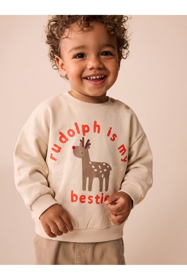 Unisex Baby/Child Shoulder Button Detailed Front Printed Embroidered Sweatshirt Beige