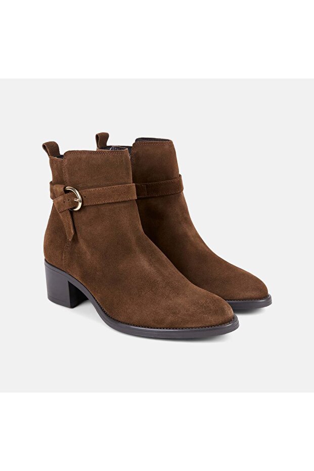 Women's Tan Buckle-Accessories Thick-Heeled Suede Leather Boots