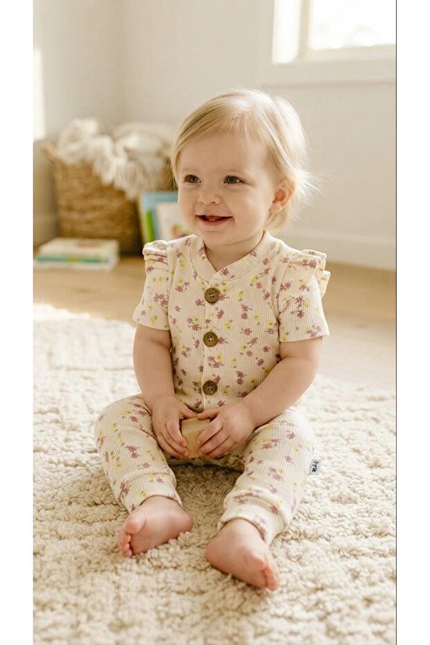 Mrt Baby 6745 Crispy Floral Ruffle Buttoned Bandana Jumpsuit'9 Months'