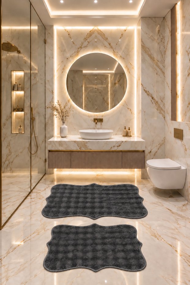 Bubble Plush Bath Mat and Toilet Mat 2-Piece Set, Washable, Anthracite, Non-Slip Sole, Fringe-Free, 50x80, 60x100