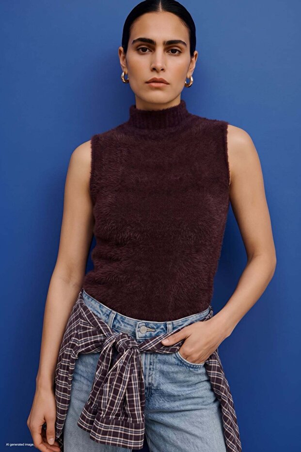 Zero Sleeve Bearded Knitwear Blouse - Plum