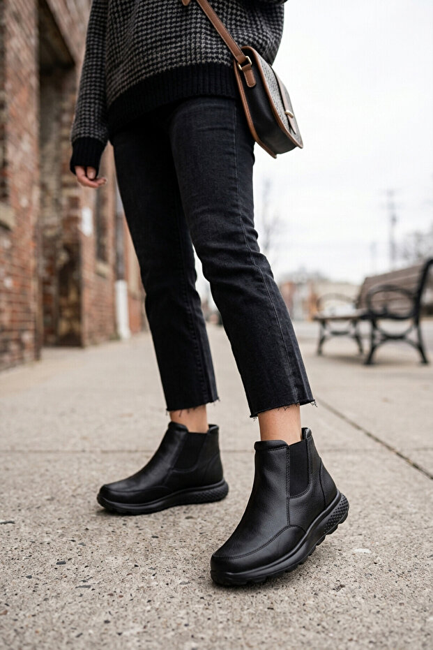 Elit Erlodd180 Women's Genuine Leather Flat Boots Black