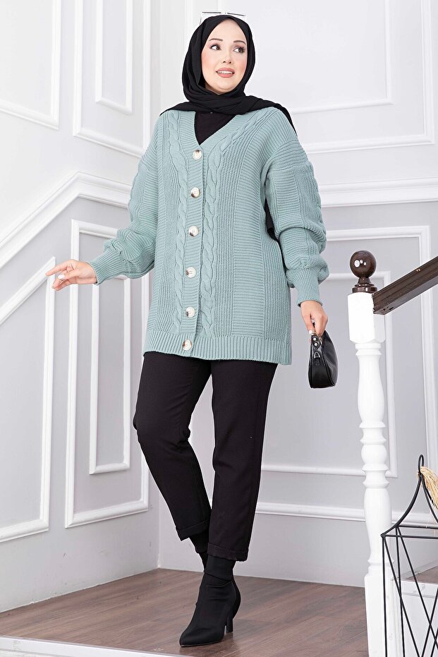 Hair Braid Detailed Buttoned Knitwear Cardigan Mint