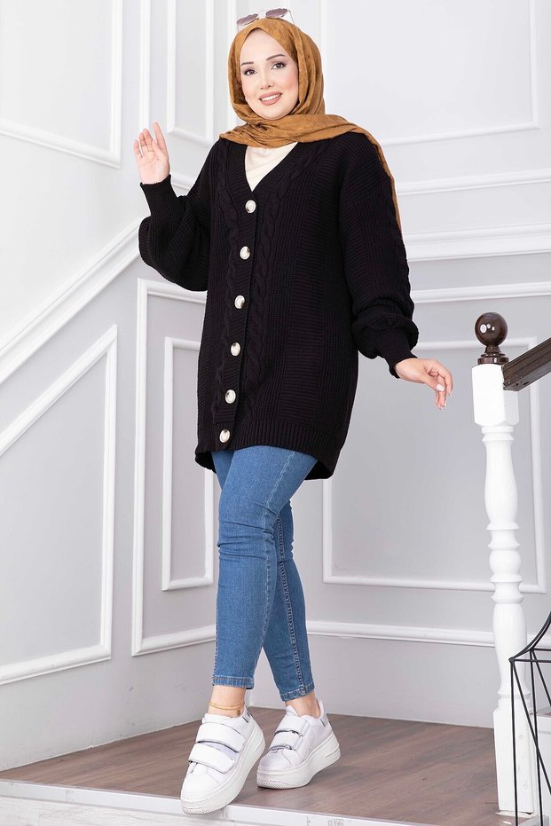 Hair Braid Detailed Buttoned Knitwear Cardigan Black