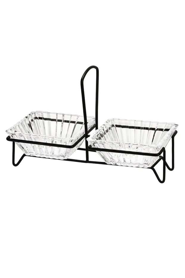 Glass Snack Bowl Set W/Black Stand (2 Pc.)