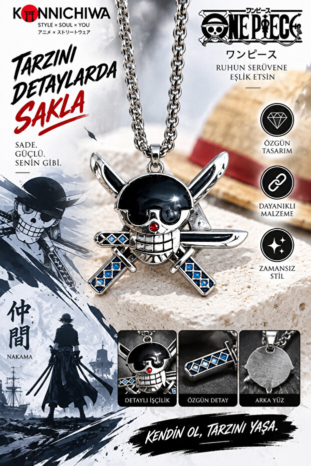 One Piece Roronoa Zoro Wind-Blown Three Swords Pirate Symbol Pendant