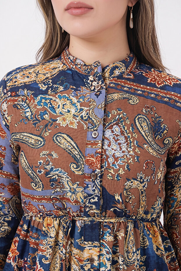 Women's Patterned Long Hijab Dress 2586 - Cobalt Blue