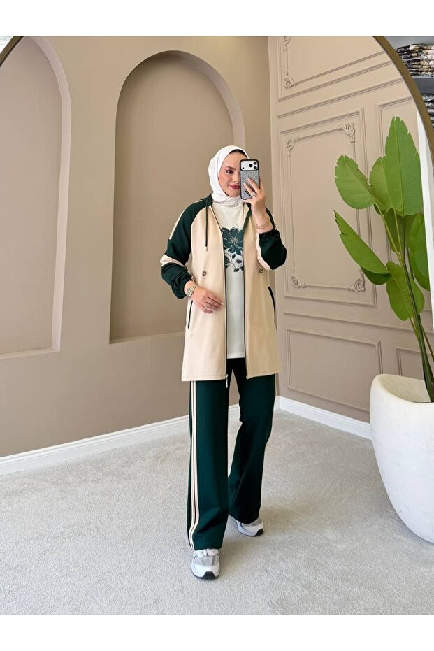Women's 3-Piece Tracksuit Set – Hooded, Buttoned, Pocketed, Two-Thread Casual Hijab Combination N-05556 _ Green