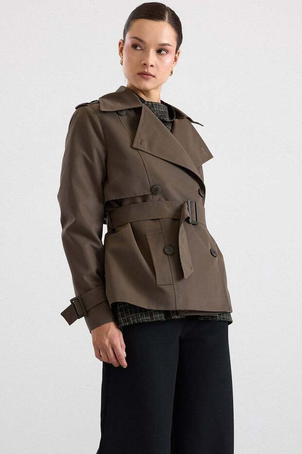 Short Trench Coat with Epaulettes and Cape Detail, Water-Repellent Feature, Khaki 6910