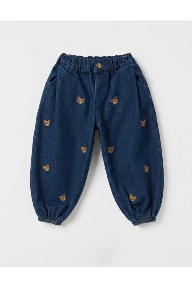 Boy's Teddy Bear Motif Denim Elastic Waist Trousers