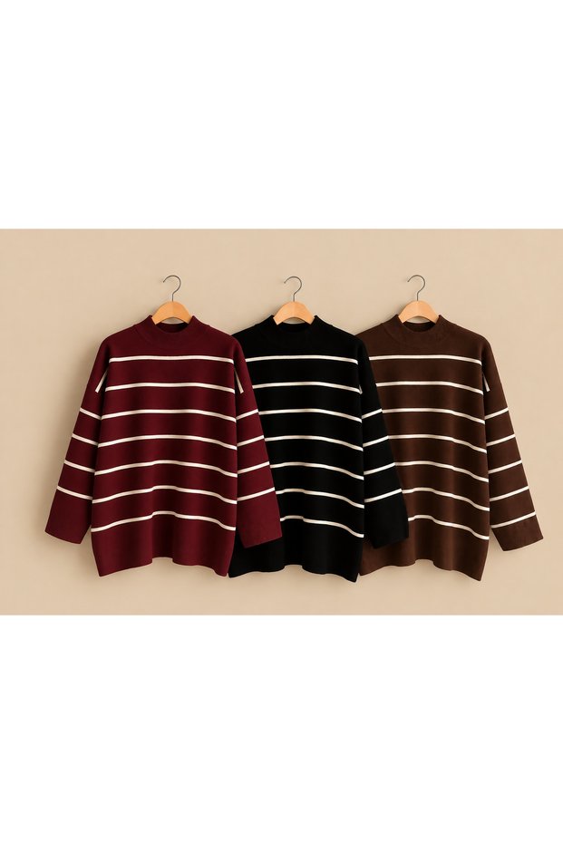 Women's Striped Oversize Knitwear Sweater Turtleneck Winter Sweater
