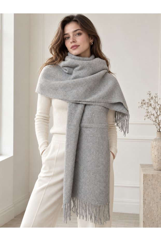 Gray 200X70 cm Women's Soft Textured Tasseled Solid Color Shoulder Shawl Sal1333